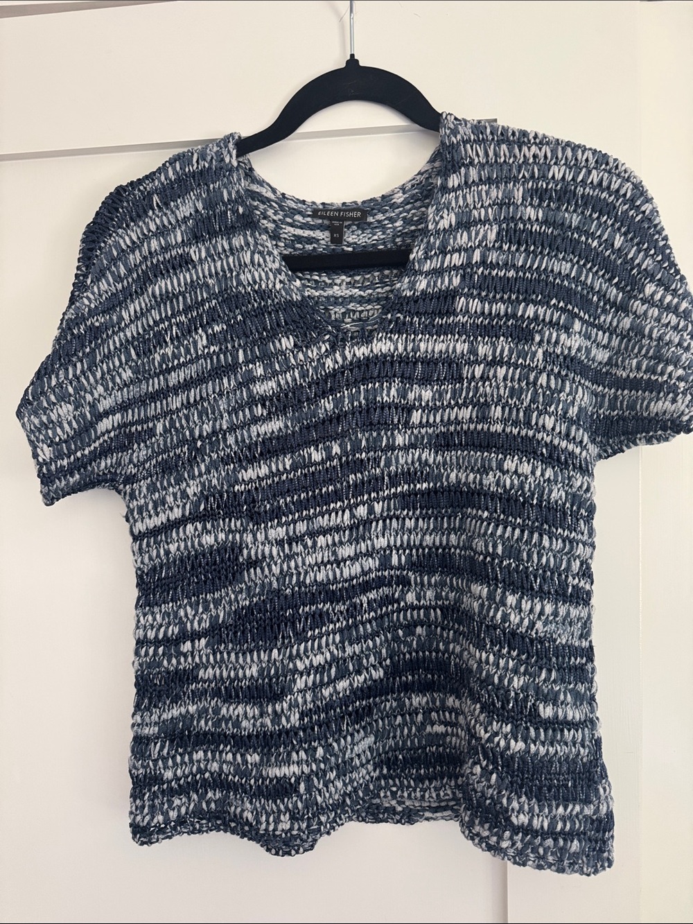Eileen Fisher Navy & White Marled Short-Sleeve Knit Top
